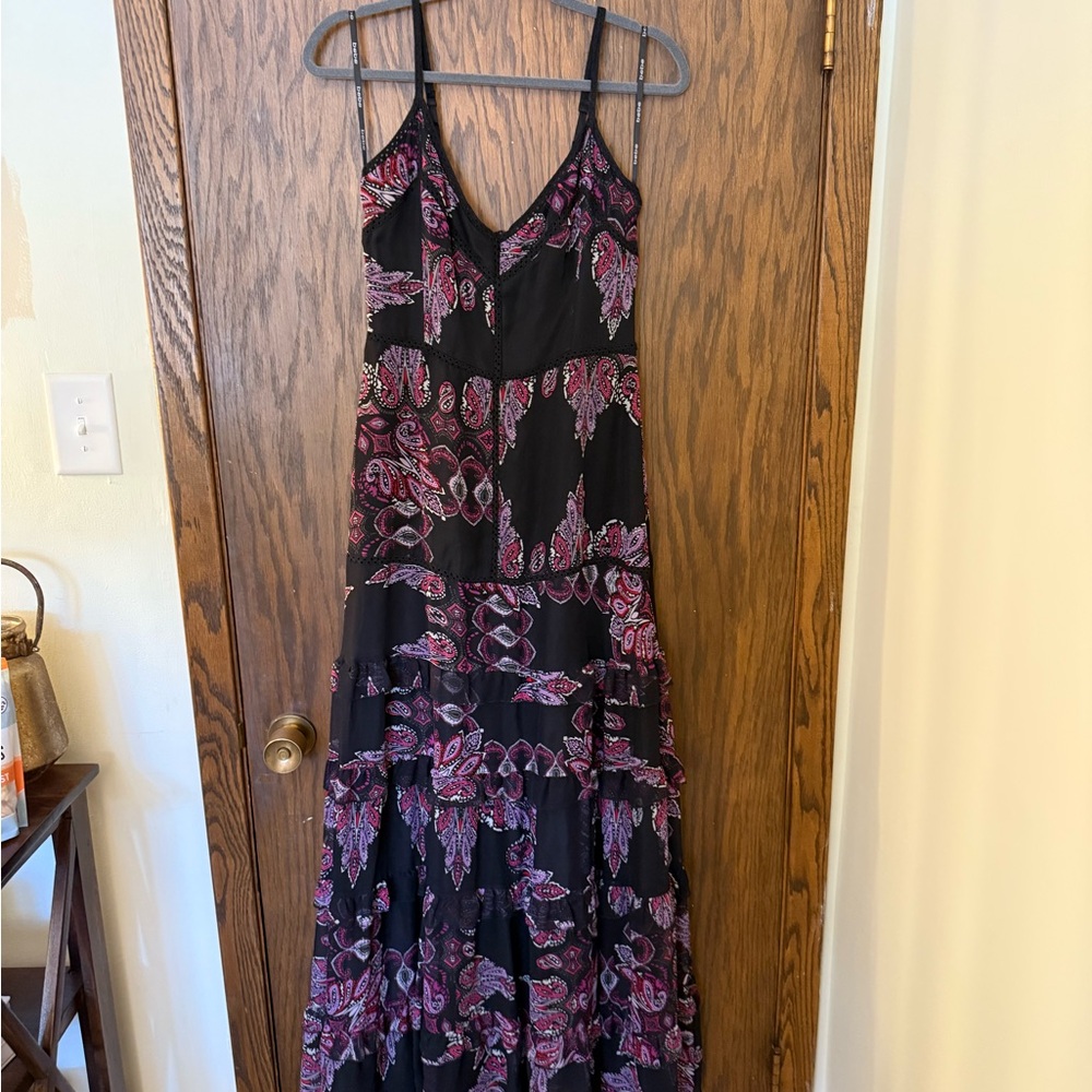 Bebe Black and Purple Ruffle Flowy Maxi Dress Bohemian V-Neck - Picture 2 of 7